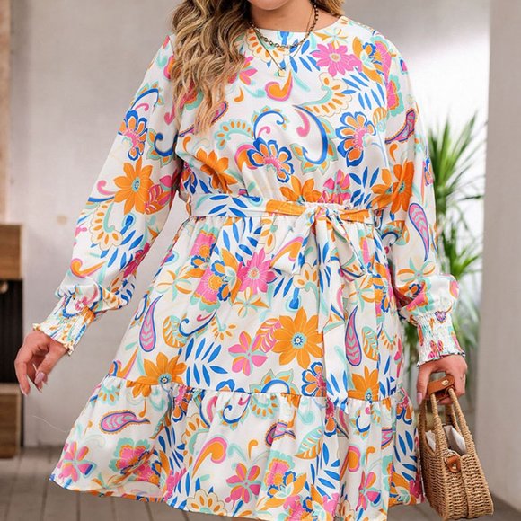 Plus Size Round Neck Lantern Sleeve Dress - Picture 2 of 6